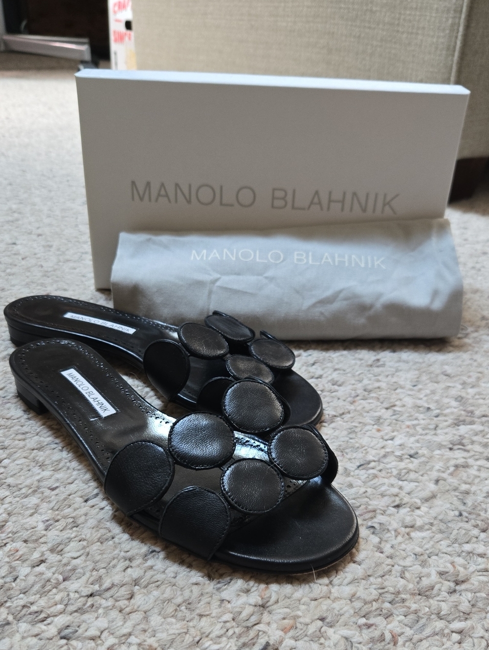 Manolo Blahnik Black Leather Circle-Applique Slide Mules